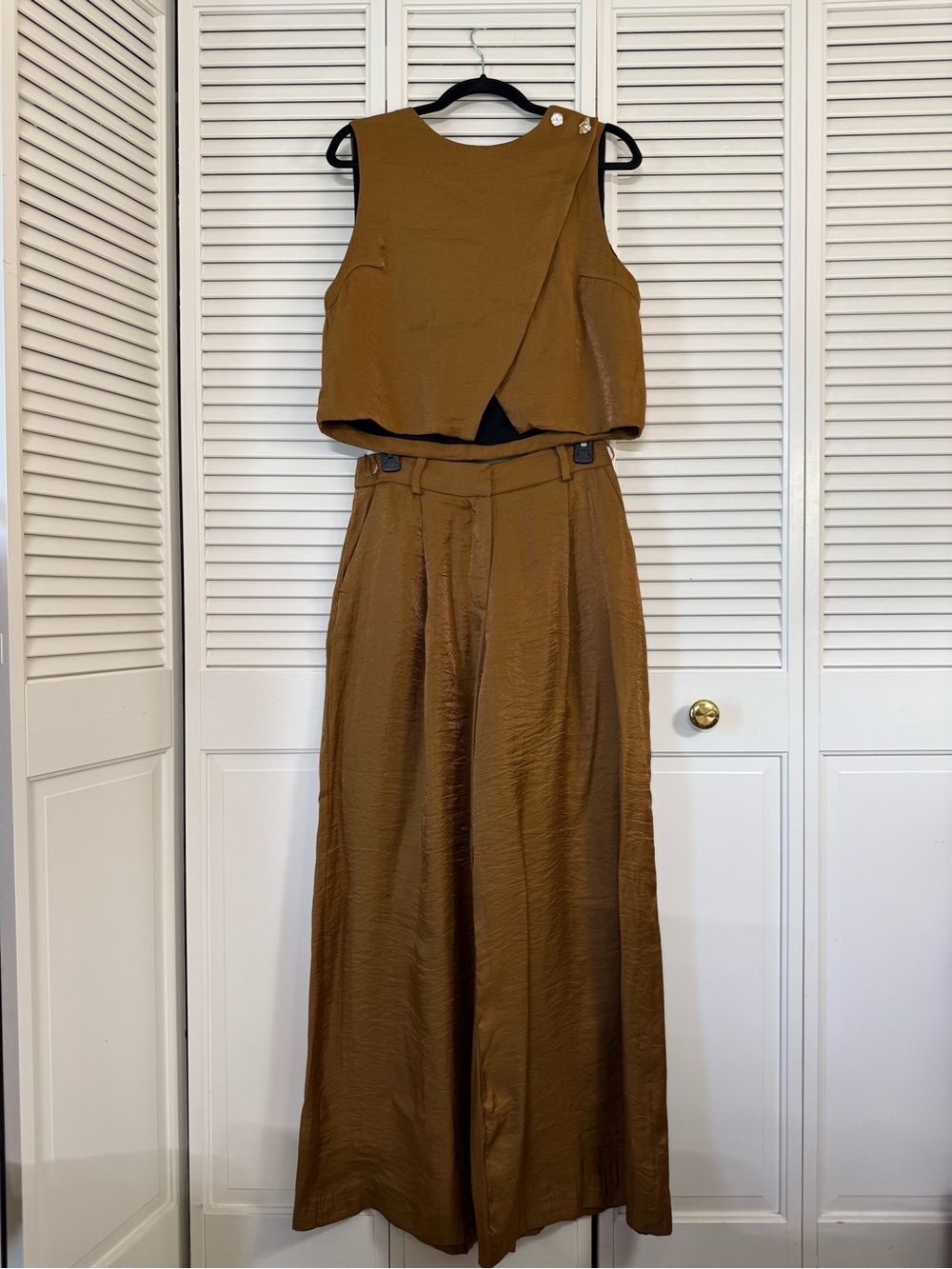 ZARA metallic copper 2-Piece Set Sleeveless Faux Wrap Top & Wide-Leg Pants Sz M